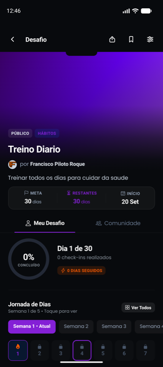 Dashboard do app com medidor de streak e jornada