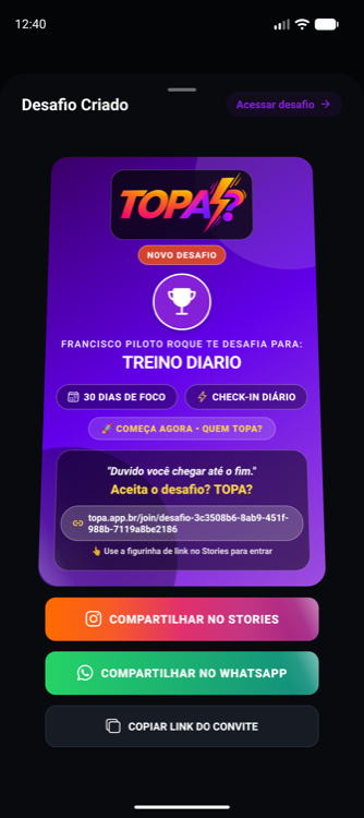 Card real do TOPA com link de convite para Instagram Stories